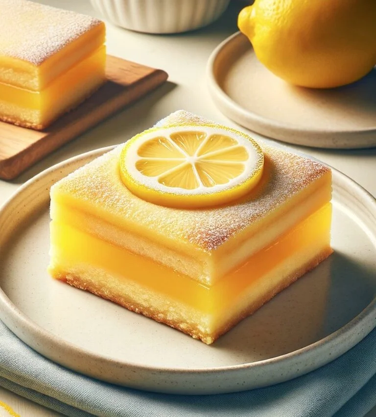 Single lemon shortbread bar with lemon slice garnish
