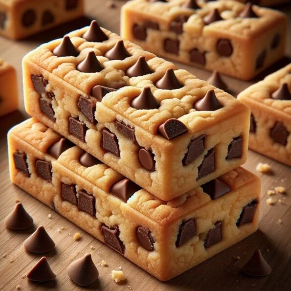 Stacked cookie bars with a pattern of chocolate chips on a wooden surface