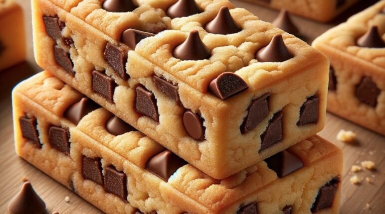 Stacked cookie bars with a pattern of chocolate chips on a wooden surface