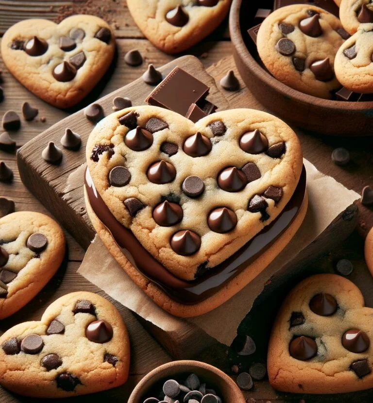 Heart shaped chocolate chip cookie sandwich with a glossy chocolate ganache on a wooden board surrounded by loose chocolate chips