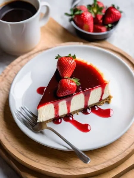 Elegant slice of cheesecake with strawberry sauce and whole berries on a white plate with coffee