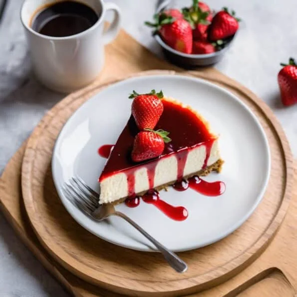 Elegant slice of cheesecake with strawberry sauce and whole berries on a white plate with coffee