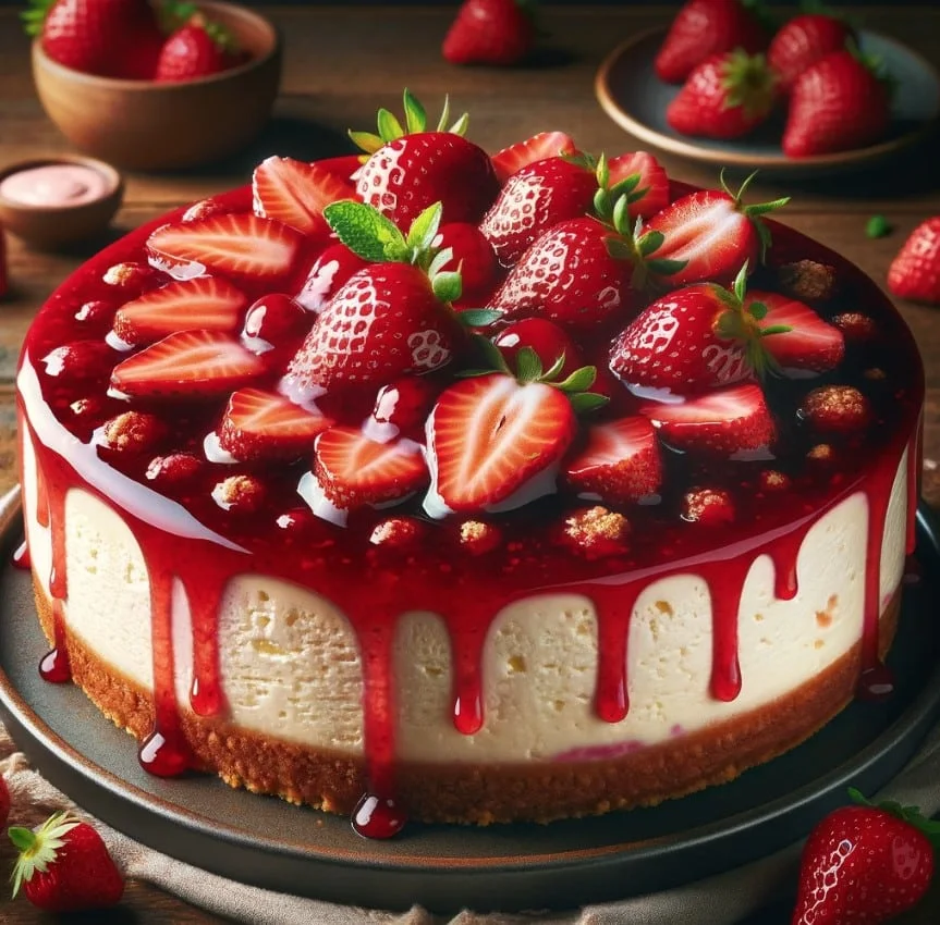 Strawberry cheesecake adorned with whole and sliced strawberries and drizzled with a shiny red sauce