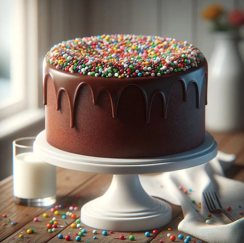 A mini chocolate cake with rainbow sprinkles on a white stand by a window.