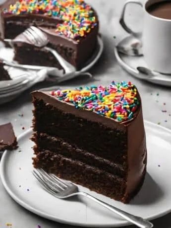 A slice of a layered mini chocolate cake with rainbow sprinkles