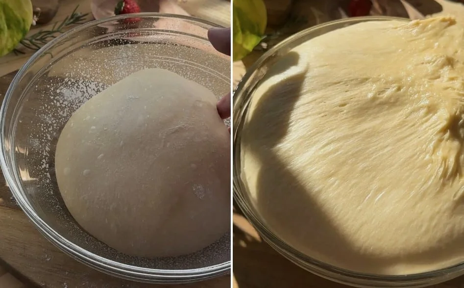Proofed dough in a bowl, showing the risen and smooth, elastic texture