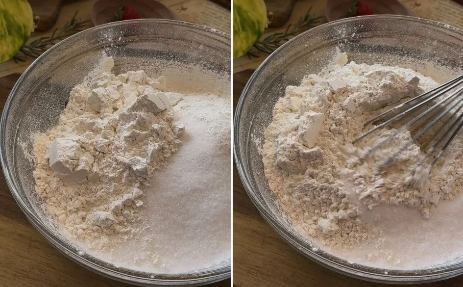 Whisking dry ingredients in a bowl, flour creating a slight cloud of dust