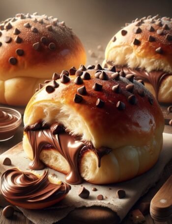 Baked Nutella Brioche Bombs topped with chocolate chips, one with oozing Nutella