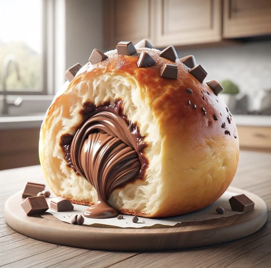 Nutella Brioche Bomb torn open with chocolate chunks on top and a home kitchen backdrop