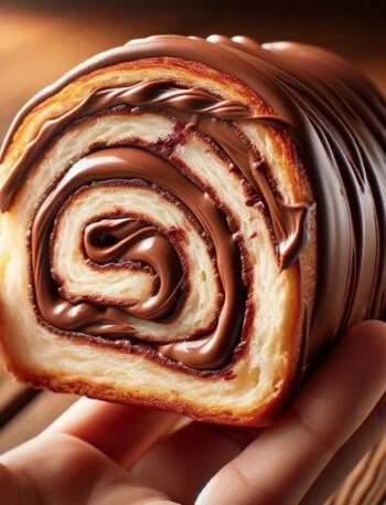 A close-up of a Nutella stuffed toast roll with a smooth chocolate coating held between fingers