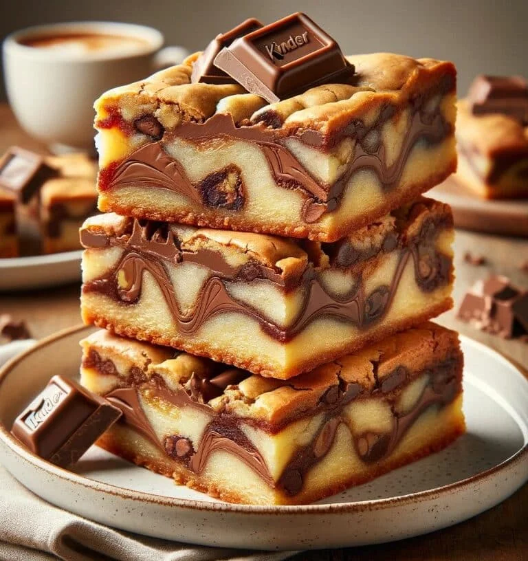 Stack of nutella & kinder blondies, topped with hazelnut spread, filled with layers and chunks of chocolate