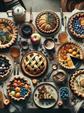 Assorted gourmet pies, like chocolate espresso tart, artfully displayed on a rustic table setting