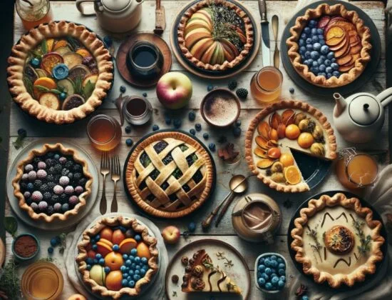 Assorted gourmet pies, like chocolate espresso tart, artfully displayed on a rustic table setting