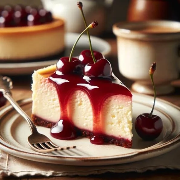 Slice of Cherry Cheesecake with a glaze and cherries on a vintage plate