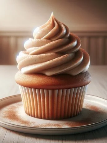 Single Snickerdoodle cupcake with swirled cinnamon frosting on a plate
