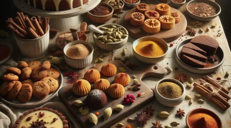 Desserts infused with exotic spices like lavender honey cake and cardamom cheesecake, displayed with their corresponding spices on a wooden table